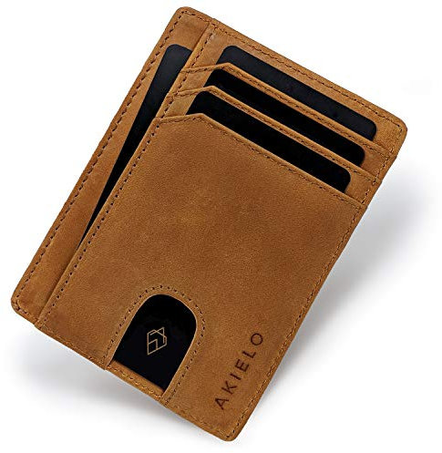 AKIELO Portefeuille Homme RFID Blocage avec Coffret Cadeau – Porte Cartes Ultra Fin – Portefeuille Minimaliste (Bravo - Édition Brun Clair)