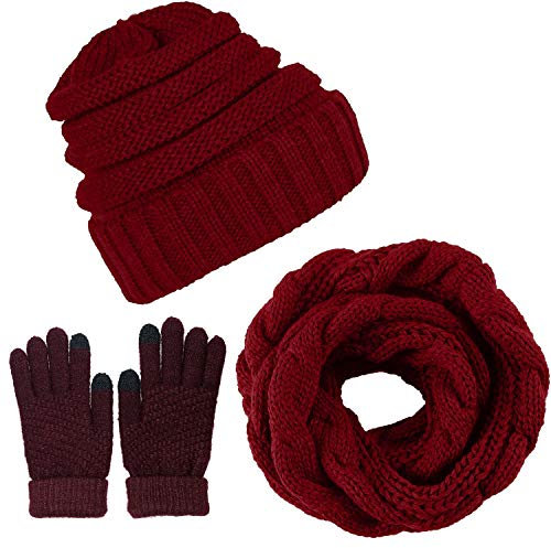 CheChury Winter Schal Strickmütze Kombiset Strickset Beanie Handschuhe Damen Schal Mütze Handschuhe Set Gestrickt Geschenkset Touchscreen-Handschuhe
