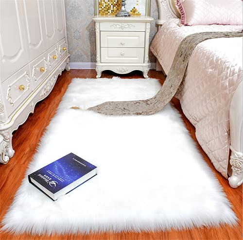linyingdian Teppich Lammfell-Teppich Lang Kunstfell Schaffell Imitat | Wohnzimmer Schlafzimmer Kinderzimmer,Als Faux Bett-Vorleger oder Matte für Stuhl Sofa (Weiß, 60x90cm)