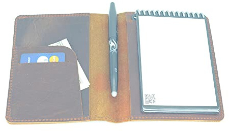 JJNUSA Kompatibel mit Rocketbook Mini-Hülle, Smart Business, handgefertigt, Used-Look, echtes Leder, Tagebuch, Notizbuch, Einband für Kartenhalter, Mini, 8,9 x 14 cm, Braun
