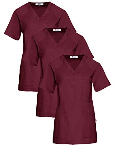 CLINIC DRESS Schlupfkasack 3er-Pack Damen Kasacks für Pflege Ärzte und Ärztinnen Praxisteam V-Ausschnitt Raglanärmel 95 Grad Wäsche Bordeaux, M