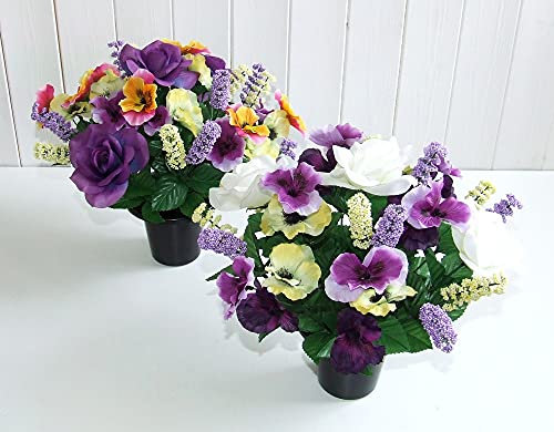 Pansy/Rose Artificial Grave Flower Arrangement in Pot (Pair)