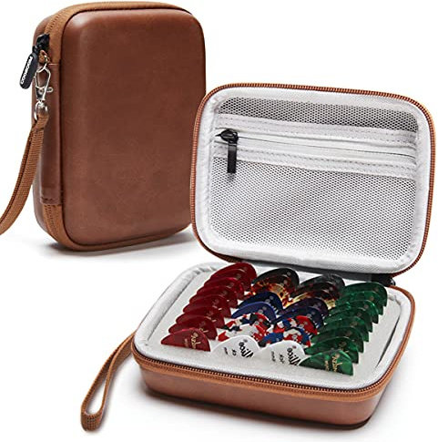 COOZOOM Guitar Pick Holder Case Compatible for Fender, ChromaCast, D'Addario, JIM DUNLOP, Bolopick, UNLP MUSICAL INSTRUMENT Guitar Accessories, All Size Picks Storage Pouch Box-Bag Brown