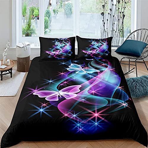 BAIXUEGONGZHU bettwäsche 135x200 cm Fluoreszierender Schmetterling schwarz Bettbezug 2 und kissenbezüge 80x80 cm mit Reißverschluss Leichte Mikrofaser Heimtextilien