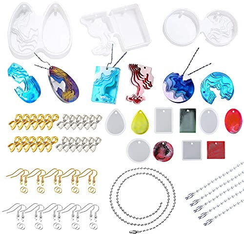 NA Woohome 8 Stück Geometrie Schmuck Silikonform Insel Ozean Gießform Resin Form mit Anhängerschnalle, Ohrhaken, Ketten für Anhänger, Halskette, Schmuckhandwerk Machen