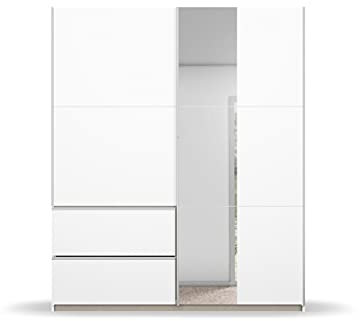Rauch Möbel Sevilla Schrank Kleiderschrank Schwebetürenschrank, Weiß, Griffleisten alufarbig, 2-türig mit Spiegel, inkl. 2 Kleiderstangen, 2 Einlegeböden BxHxT 175x210x59 cm