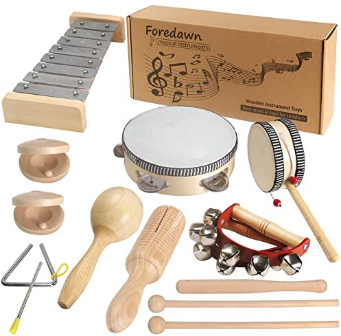 Nutural Holzspielzeug Musikinstrumente für Kleinkinder, Vorschulkinder, Percussion-Set mit Xylophon für 1, 2, 3, 4, 5 Jahre, ab 12 Monaten, Jungen und Mädchen, fördert frühzeitige Entwicklung,