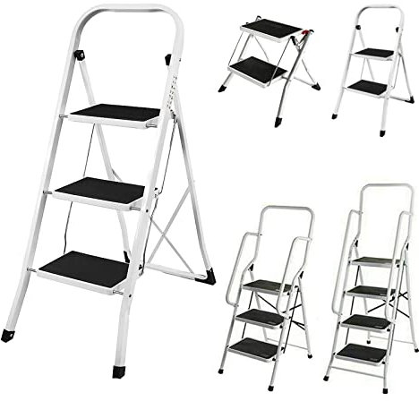 Scaletta a 3 Gradini con Corrimano e Pedale Larga, Scaletta Pieghevole Salvaspazio, facile da riporre, Scala Portatile e Leggera ideale per casa, cucina, ufficio, fai da te, Capacità 150kg