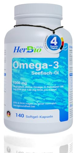 Omega 3-140 Kapseln hochdosiert – 4000mg Fischöl pro Tagesdosis - 180mg EPA und 120mg DHA pro Kapsel - Laborgeprüft - 100% Rindergelatine Halal zertifiziert von HerbBio