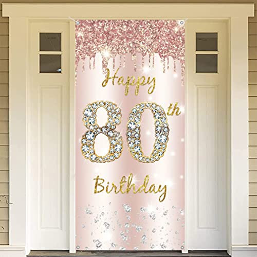 80. Geburtstag Deko Frauen, Happy 80th Birthday Door Banner Roségold Stoff Schild Plakat Türdekoration Hintergrund Banner Damen, Geburtstagsfeier Willkommensschild