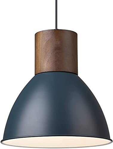 DCOC Farmhouse Battery Operated Pendant Light Fixture, Wood Ceiling Hanging Powered Bulb with 11.6'' Metal Shade, Adjustable Height, Nordic Style Lamp Not Hardwired (Color : Blue)