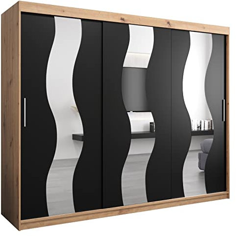 MEBLE KRYSPOL Sewilla 250 Schlafzimmerschrank mit DREI Schiebetüren, Spiegel, Kleiderstange und Regalen – 250x200x62cm - Artisan + Mattschwarz