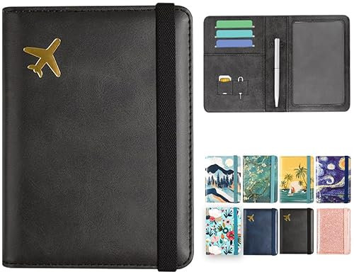 DMLuna Porta passaporto, in pelle PU di alta qualità, portafoglio per passaporto con blocco RFID, custodia per passaporto, organizer per documenti da viaggio, con portapenne, per donne e uomini, Aereo