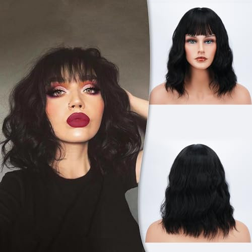 Barsdar Kurze Bob Perücken mit Pony schulterlange Frauen kurze Perücke Lockige Gewellte Synthetische Cosplay Perücke Perücke für Mädchen Kostüm Perücken Bunte Natürliche Gewellte Perücken Schwarz