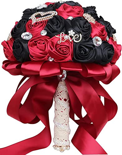 Sharebeauty Handgefertigter Satin-Rosenstrauß, rund, 15 cm, Burgunderrot + Schwarz