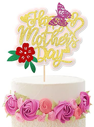 1 Stück Happy Mother's Day Kuchendekoration Glitzer Blume Schmetterling Geburtstag Kuchen Pick Beste Mama Kuchen Dekorationen für Muttertag Thema Frauen Geburtstag Party Dekoration Supplies Gold
