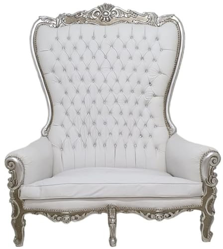 Casa Padrino Barock Hochlehn 2er Sofa Weiß/Silber - Prunkvolles Barockstil Kunstleder Sofa mit Glitzersteinen - Wohnzimmer Möbel im Barockstil - Barock Möbel - Edel & Prunkvoll