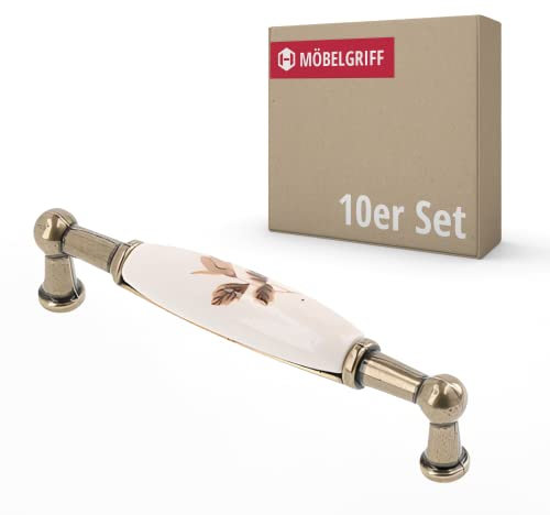 Gedotec Möbelgriff aus Porzellan | 10 Stück | Griffe für Küchenschränke inkl. Befestigungsmaterial | ERNI | Möbelgriffe mit Rose mit BA 96 mm | Türgriffe für Schränke - Schrankgriffe