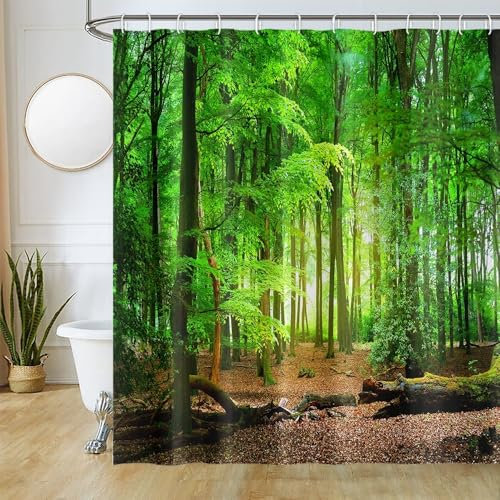 Uiiooazy Rideau Douche Anti Moisissure, Rideau de Douche 180x220cm Feuilles Vert Forêt Printemps Naturel Paysage Rideaux de Baignoire Tissu Lavable Imperméable Rideaux Salle de Bain avec 12 Crochets