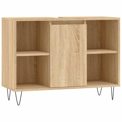 vidaXL Badezimmerschrank, Waschbeckenunterschrank mit viel Stauraum, Badschrank mit Eisenbeinen, Bad Unterschrank Waschbeckenschrank Badmöbel, Sonoma Eiche Holzwerkstoff