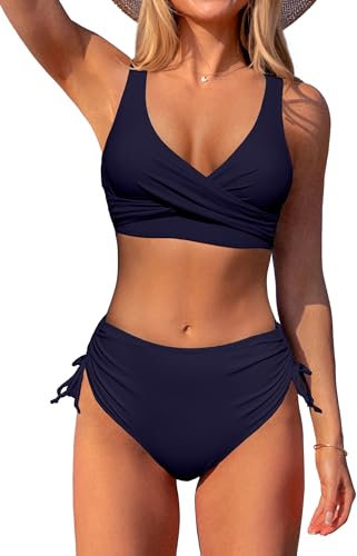 Beachsissi Damen Cross Back Badeanzüge Leopard Twist Front Bademode Kordelzug Side Bikini Sets, Mitternachtsblau, L