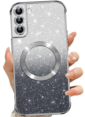 Phoona für Samsung Galaxy S21 Hülle, Magnetisch Handyhülle Kompatibel mit MagSafe, Keine Vergilbung, Kratzfeste, Ganzkörperschutz Glitzer Hülle für Samsung S21 5G, Mit 2 Schutzfolie, Schwarz