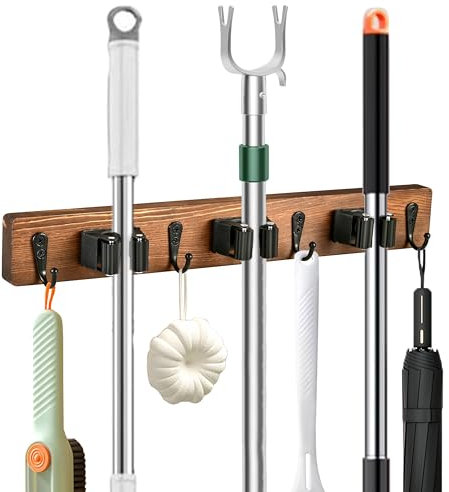 Fraxtin Soporte de pared para escoba de madera rústica, organizador de herramientas de jardín para el hogar, cocina, lavandería, garaje, baño, armario de almacenamiento (3 estantes con 4 ganchos,