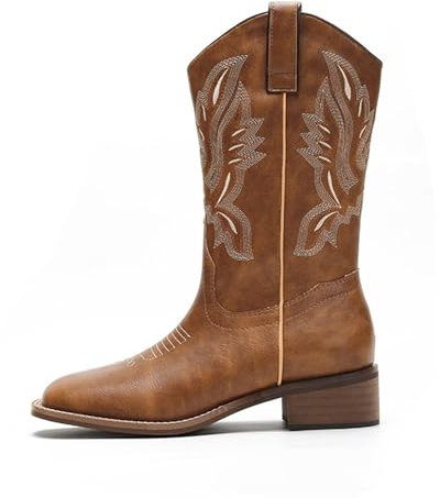 Stivali Da Cowboy A Tubo Centrale Da Donna Alla Moda Lady Autunno Inverno Scarpe Taglie Forti Stivali Da Cowgirl Robusti Con Punta A Punta Retrò (Color : Brown, Size : 38)