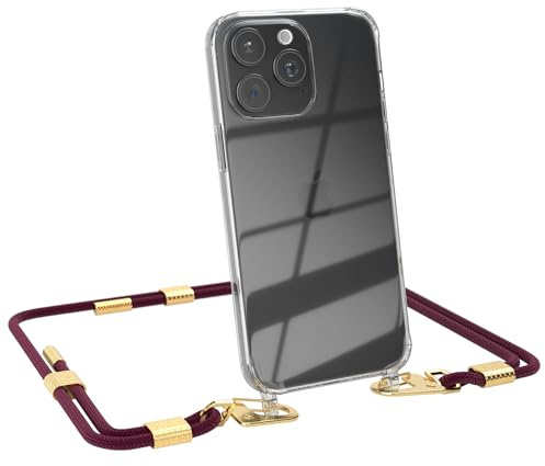 EAZY CASE - Handykette mit Karabiner kompatibel mit iPhone 15 Pro Max - Hülle Silikonhülle Fallschutz transparente Handyhülle Kette zum Umhängen Schutzhülle in Beere - Clips Gold