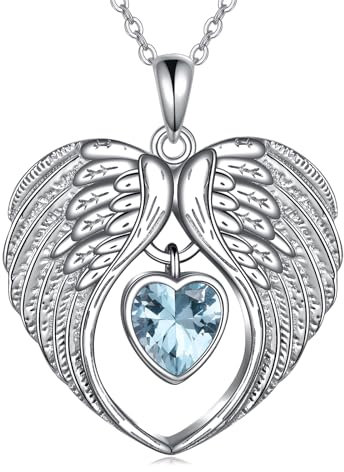 VONALA Engelsflügel Kette Silber 925 Engelsflügel Herz Halskette Anhänger Geburtsstein Marsch Schmuck Geschenke für Damen