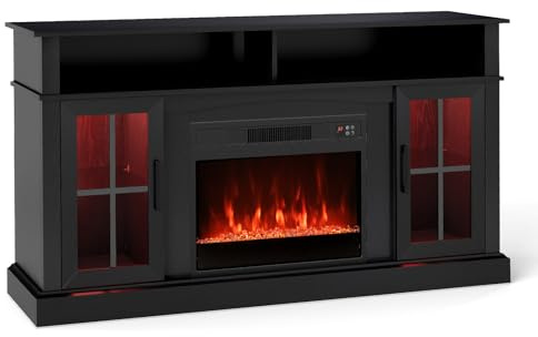 GiantexUK Electric Fireplace Insert TV Stand, Living Room Wooden Console Entertainment Center with Electric Fire, Overheat Protection & Remote Control, 1800-2000W (Black, 24” Fireplace, for 65” TV)