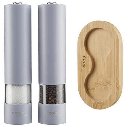 Cooks Professional Electric Salt and Pepper Mill Set with Bamboo Base | Battery Operated Automatic Grinders with Adjustable Grinding & One Touch Operation | Condiment Grinder & Stand | Matt Grey