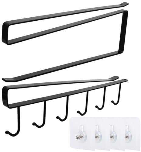 Juyibaao 2 Stück Tassenhalter Ohne Bohren, Tassenhalter und küchenrollenhalter mit 4 Klebeschraube, Tassen Haken Unter Schrank Küche Aufbewahrung für Home Office Kaffee Bar (Schwarz)