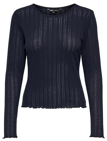 ONLY Damen Einfarbiges Langarm Shirt Basic Rundhals Rollkanten Top Longsleeve Oberteil ONLCARLOTTA, Farben:Blau-2, Größe:S