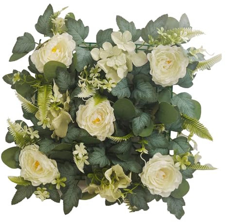 Panneau Mural de Fleurs Artificielles 35,6 X 35,6 Cm, Tapis Mural de Fleurs, Rangée de Fleurs Artificielles, Panneaux Floraux D'hortensia Pivoine en Soie 3D avec Feuilles Vertes pour Toile de(Blanc)