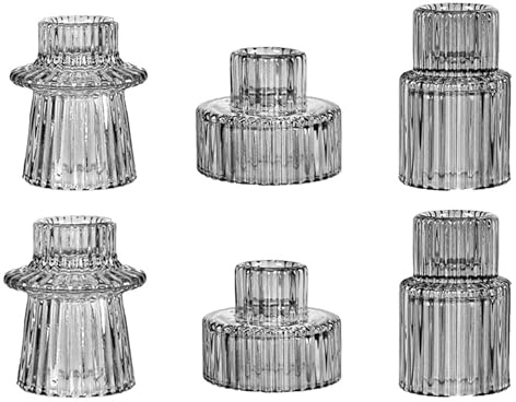 FLCSIed Lot de 6 bougeoirs en verre gris, conique, pilier et bougie chauffe-plat, design rayé moderne, verre transparent lourd, parfaits pour les fêtes, mariages et occasions