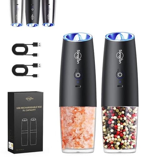 Sangcon Recargable USB Juego de Molinillos Eléctricos de sal y pimienta, Operación con Una Sola Mano, Gravedad Molienda Automática con luz LED, Grosor Ajustable,2 Paquetes (Negro)