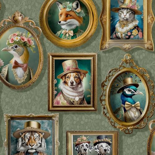 Regal Beasts Sage Green Wallpaper - Animal Print Dog Cat Fox Peacock Artistic - Trendy Stylish Feature Wall
