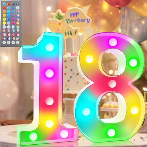 Light Up Numbers, 34 Colors Marquee Number Lights Sign Color Changing for 18th Birthday Party Decorations Girls Gifts Bedroom Decor Number 18