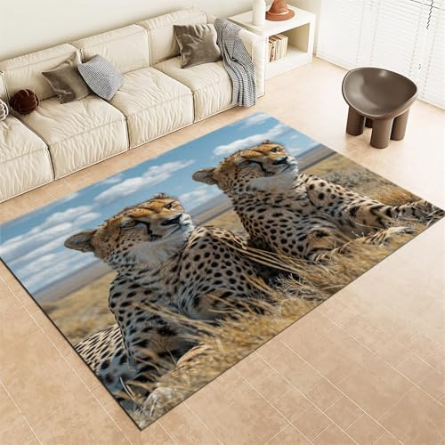 Srigzcaly Kurzflor Rechteck Teppich Wohnzimmer 120x180cm Tier Gepard Savanne Waschbar für Mädchen Junge Schlafzimmer, Braun Kinderzimmer Flauschig rutschfest