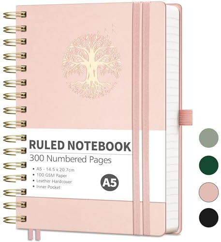RETTACY A5 Notebook-Spiral Bound Notebook Journal for Men,Lined 300 Pages Hardback Leather Note Pad with 100gsm Thick Paper for Writing,Inner Pocket,Sticky Notes,14.5 x 20.7cm - RoseGoldn