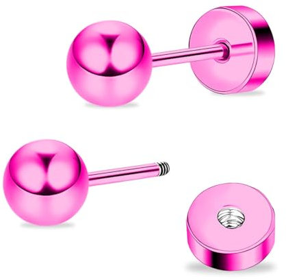 Artskin Women Flat Back Ball Stud Earrings Titanium Hypoallergenic Girls Earrings Studs for Sensitive Ears Simple Classic 5mm Flat Stud Earrings for Helix Tragus Cartilage (Ball - Pink)