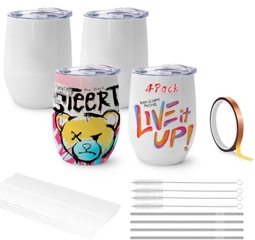WULAIHO Lot de 4 gobelets vierges de sublimation en acier inoxydable avec couvercle et paille, emballage rétractable, blanc blanc, ruban adhésif, 355 ml