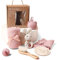 Baby Geschenk Mädchen Set 7 in 1,(kann graviertund gesegnet werden) Neugeborenen Geschenk zur Geburt Babyparty Geschenk Holz Spielzeuge Greiflinge Badetuch Meilenstein Babydecke Foto Requisten (Rosa)