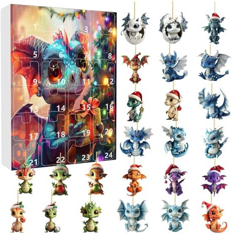 Drachen Weihnachten 2024, Dn-d Drachen Adventskalender 2024, Dinosaurier Adventskalender 2024 mit 24 Stück 2D Acryl niedlichen Drachen Weihnachtsbaumschmuck, Anime Adventskalender 2024