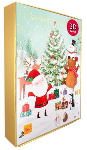 Box of 5 Pop Up 3D Santa & Animals Christmas Cards Xmas Card Boxes XHH001