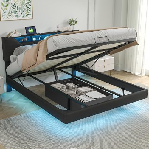 FOERPL - Cama con maletero de 160 x 200 cm, cama doble con almacenamiento bajo cama, camas para adultos, caja fuerte, cama con LED, función de carga y cabecera de cama, cama tapizada (negro, 160 x 200