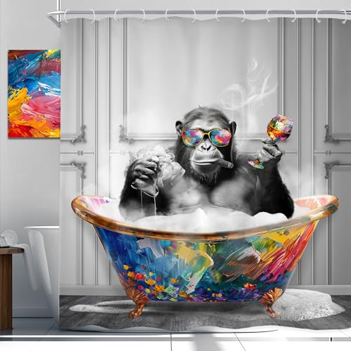 Newsely Lustiger Affen-Duschvorhang, 183 x 183 cm (B x H), schwarz-weißes Tier in der Badewanne, Schimpanse, Jungen, Herren, Duschvorhang, Badezimmer-Set, modern, Graffiti, cool, wasserdicht