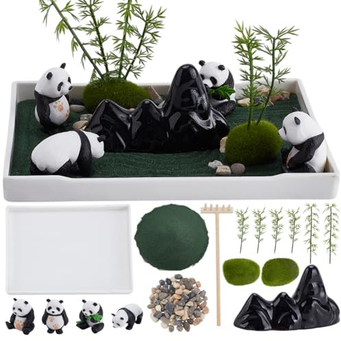 WEBEEDY Die Mini Zen Garten Kit DIY Panda Sand Tablett Kit für Desktop-Sandkasten, 20,4x10,2 cm Crafted Meditation Rechteck Tablett Miniatur Meditation Stein Ornamente Japanisch Desktop Decor