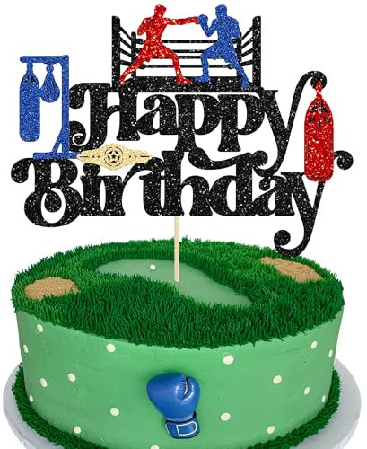 Ephlyn 1Pcs Boxing Happy Birthday Cake Topper Glitter Boxing Glove Cake Decorations for Boxer Gym Theme Baby Shower Birthday Party Supplies